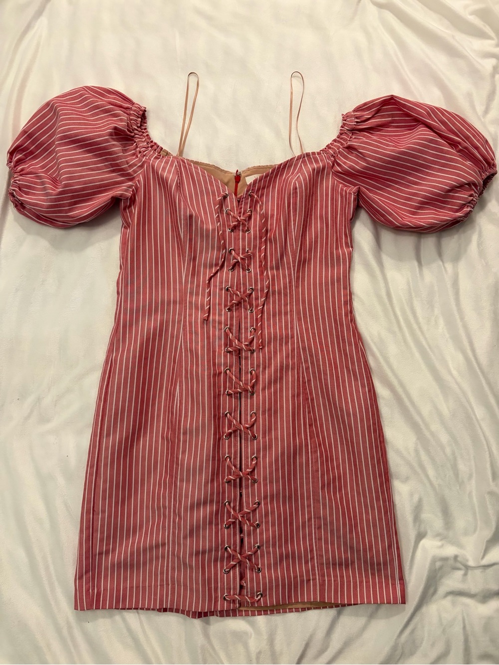 Wayf Red and White Striped Puff-Sleeve Lace-Up corset Mini Dress